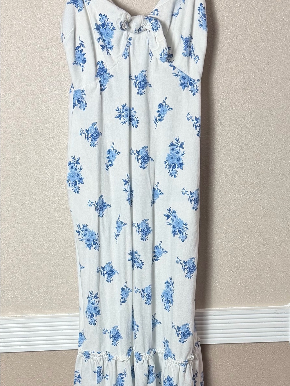 White Maxi Dress with Blue Floral Print and Tie Front